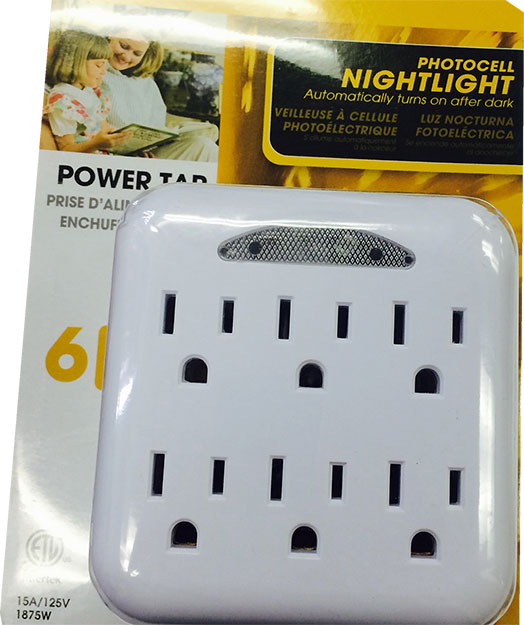 TOOL - MISC - EXT OUTLET TAP<br><b>6-Outlet, Power Tap, <br>White w/Screw to Secure (8/bx)